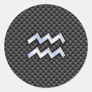 Chrome Aquarius Zodiac Sign Carbon Fiber Styles Classic Round Sticker
