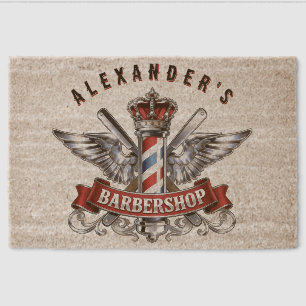 Chrome Barber Pole and Crown Personalize Fiber Doormat