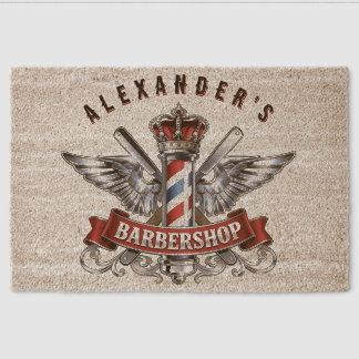 Chrome Barber Pole and Crown Personalize Fiber Doormat