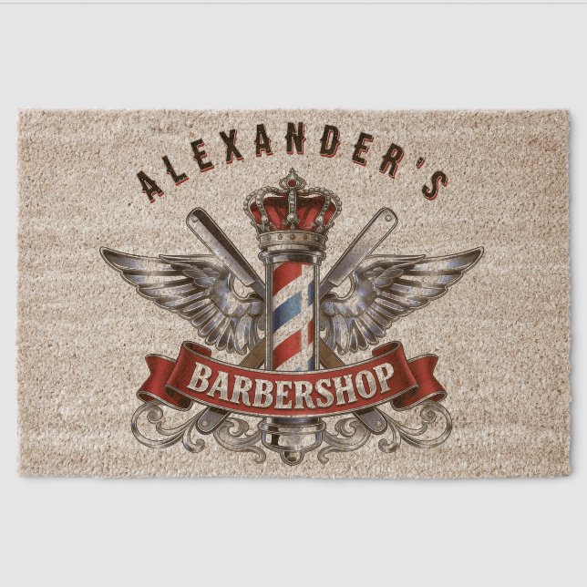 Chrome Barber Pole and Crown Personalize Fiber Doormat (Front)