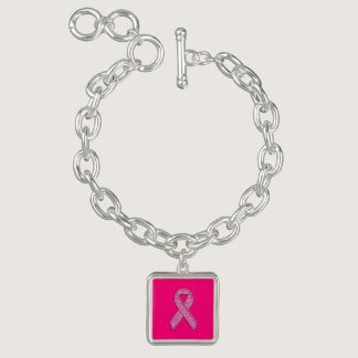 Chrome Belted Glitter Style Pink Ribbon Awareness Charm Bracelet