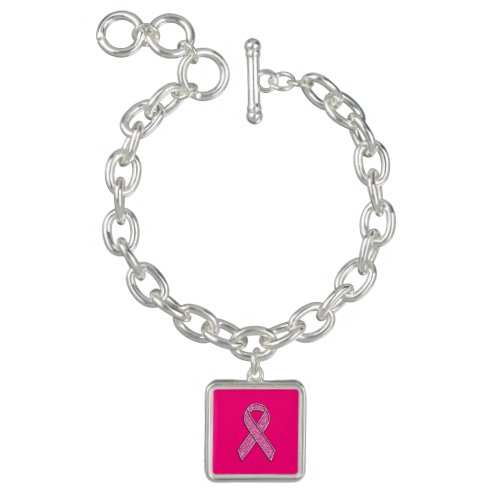 Chrome Belted Glitter Style Pink Ribbon Awareness Charm Bracelet