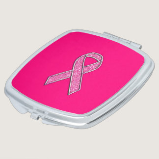 Chrome Belted Glitter Style Pink Ribbon Awareness Compact Mirror