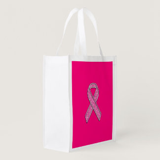 Chrome Belted Glitter Style Pink Ribbon Awareness Reusable Grocery Bag