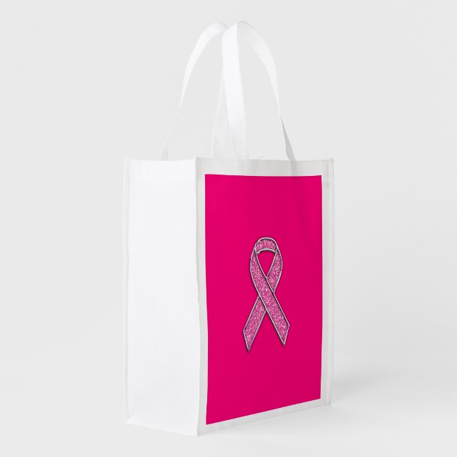 Chrome Belted Glitter Style Pink Ribbon Awareness Reusable Grocery Bag (Back Side)