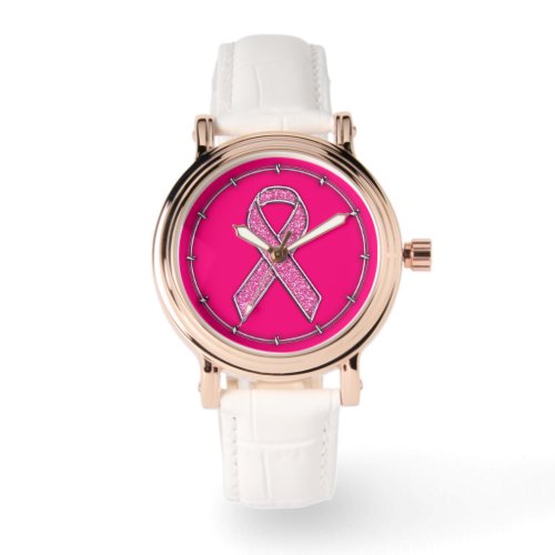 Chrome Belted Glitter Style Pink Ribbon Awareness Watch