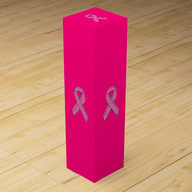 Chrome Belted Glitter Style Pink Ribbon Awareness Wine Box (Front)