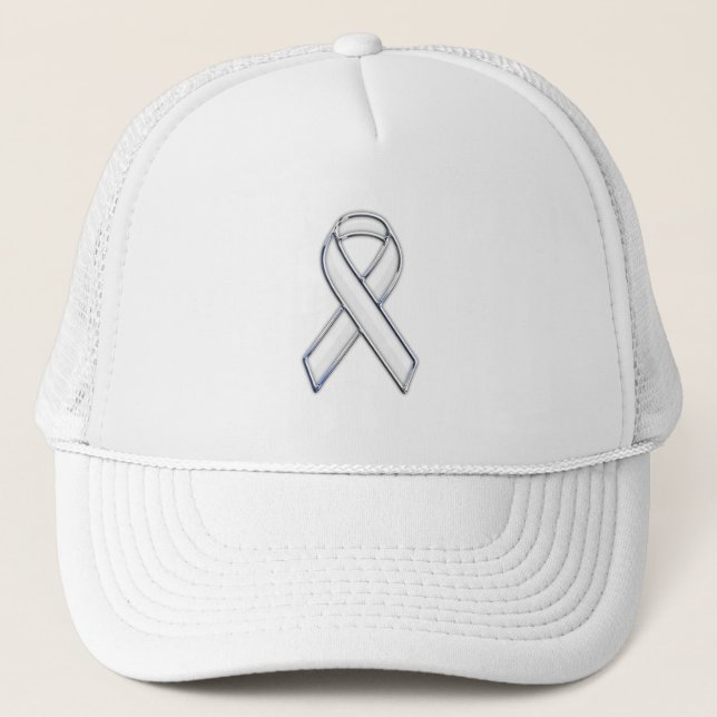 Chrome Belted Style White Ribbon Awareness Trucker Hat (Front)