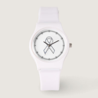 Chrome Belted Style White Ribbon Awareness Watch