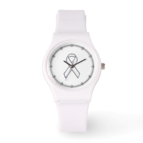 Chrome Belted Style White Ribbon Awareness Watch