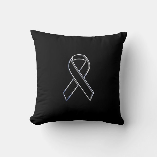 Chrome Black on Black Ribbon Awareness Throw Pillow (Front)