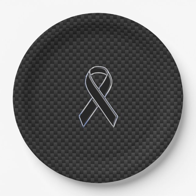 Chrome Black Ribbon Awareness Carbon Fiber Paper Plates (Front)