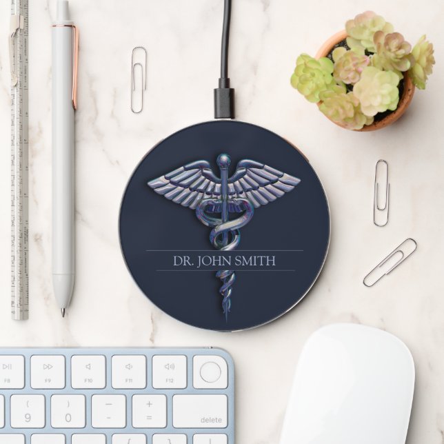 Chrome Caduceus Dark Holographic 3D Medical Wireless Charger (Desk)