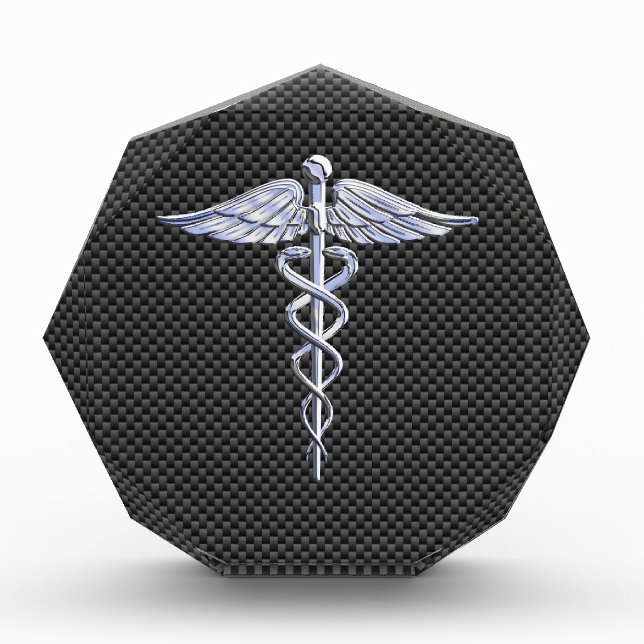 Chrome Caduceus Medical Symbol Black Carbon Fiber Acrylic Award (Front)