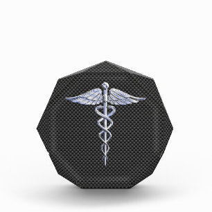 Chrome Caduceus Medical Symbol Black Carbon Fiber Acrylic Award
