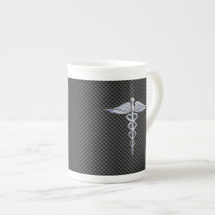 Chrome Caduceus Medical Symbol Black Carbon Fiber Bone China Mug