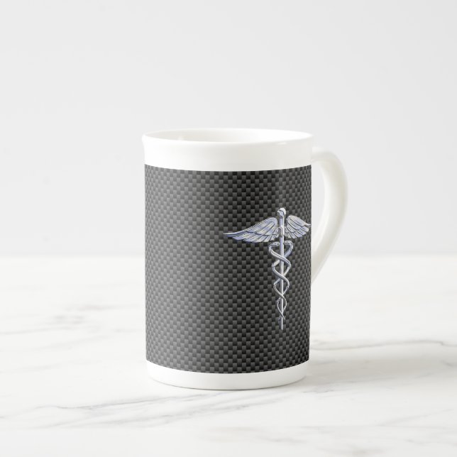 Chrome Caduceus Medical Symbol Black Carbon Fiber Bone China Mug (Front Right)