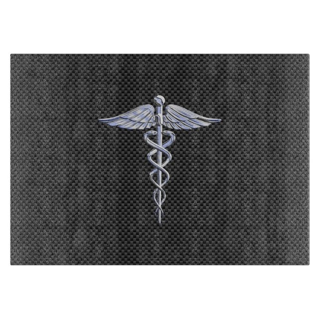 Chrome Caduceus Medical Symbol Black Carbon Fiber Cutting Board (Front)