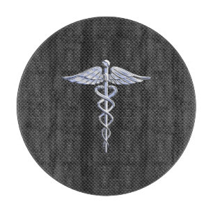 Chrome Caduceus Medical Symbol Black Carbon Fiber Cutting Board