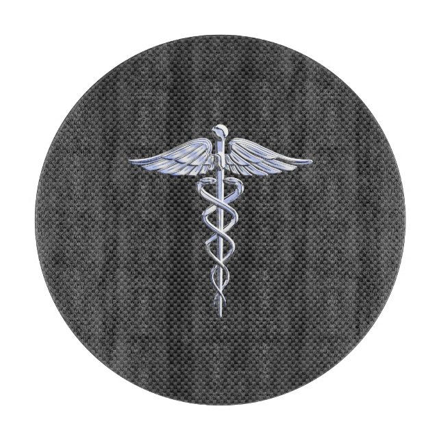 Chrome Caduceus Medical Symbol Black Carbon Fiber Cutting Board (Front)