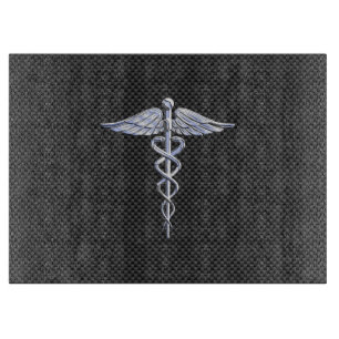 Chrome Caduceus Medical Symbol Black Carbon Fiber Cutting Board