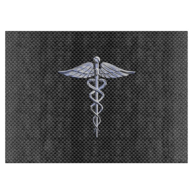 Chrome Caduceus Medical Symbol Black Carbon Fiber Cutting Board (Front)