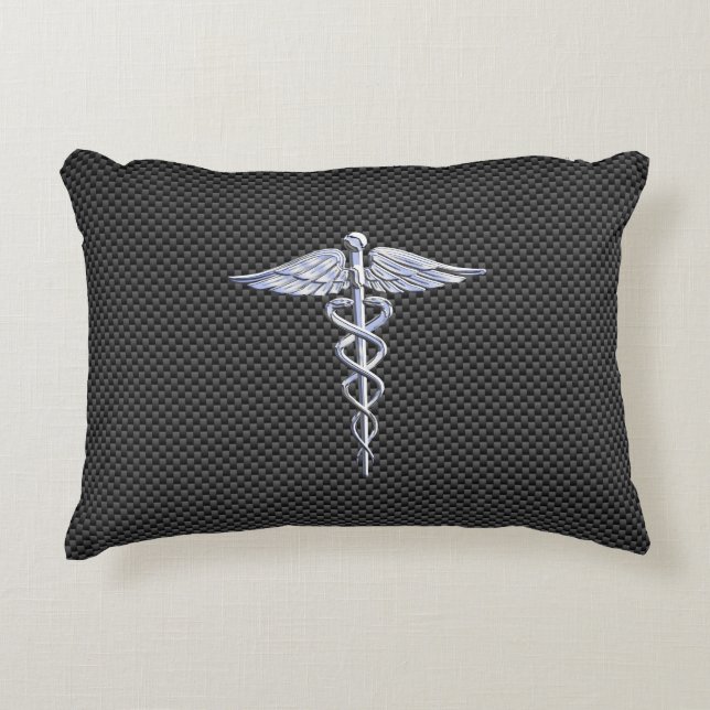 Chrome Caduceus Medical Symbol Black Carbon Fiber Decorative Pillow (Front)