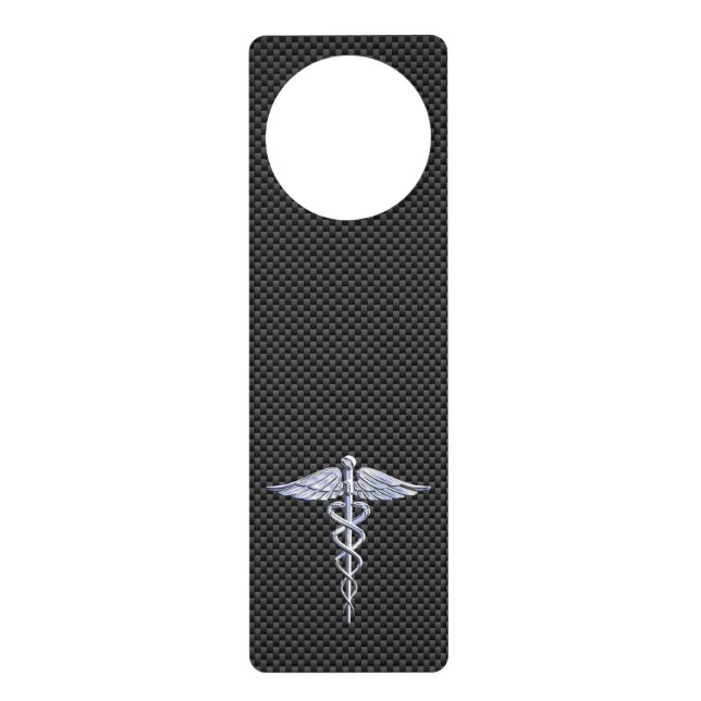 Chrome Caduceus Medical Symbol Black Carbon Fiber Door Hanger (Front)