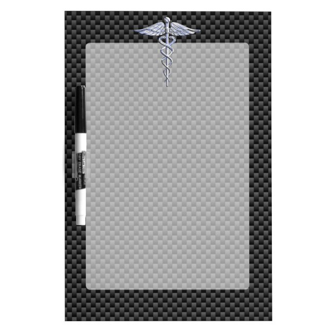 Chrome Caduceus Medical Symbol Black Carbon Fiber Dry-Erase Board (Front)