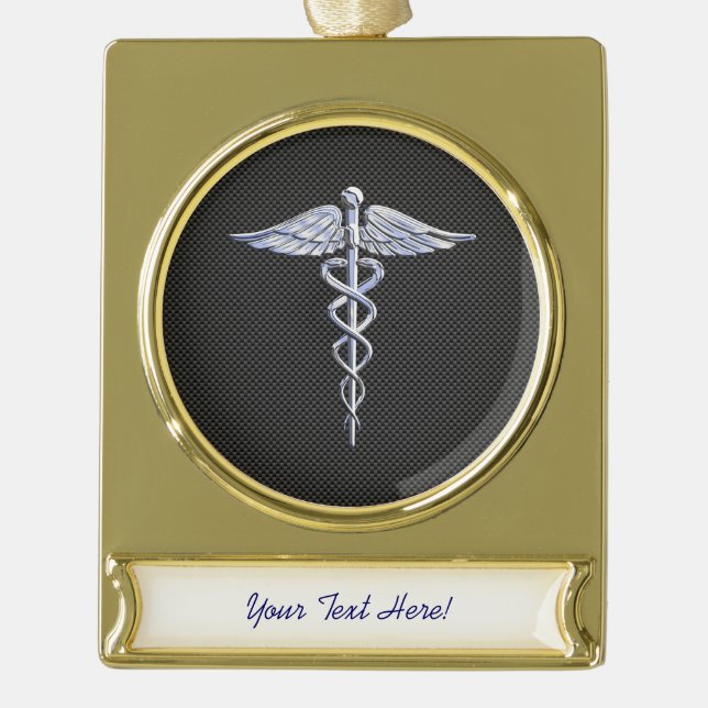 Chrome Caduceus Medical Symbol Black Carbon Fiber Gold Plated Banner Ornament (Front)