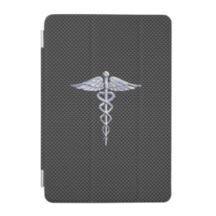 Chrome Caduceus Medical Symbol Black Carbon Fiber iPad Mini Cover