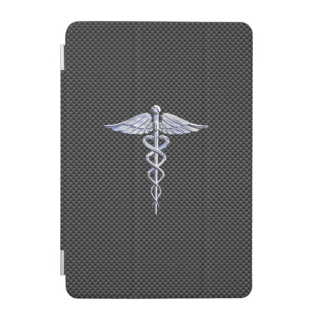 Chrome Caduceus Medical Symbol Black Carbon Fiber iPad Mini Cover (Front)