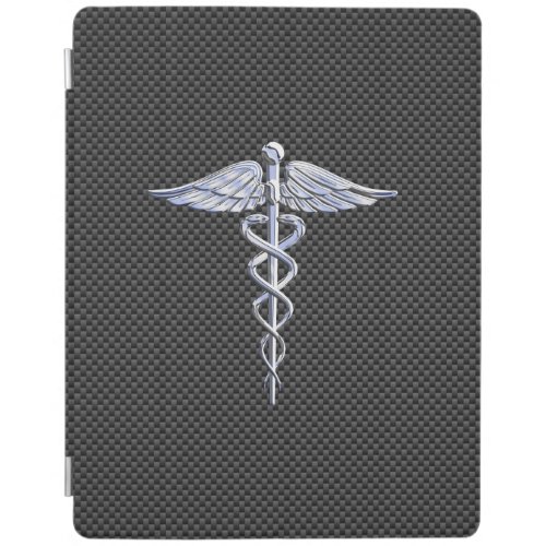 Chrome Caduceus Medical Symbol Black Carbon Fiber iPad Smart Cover