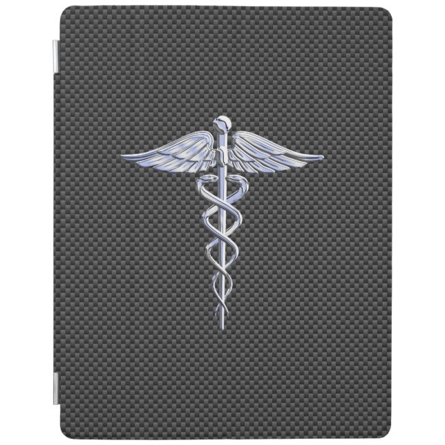 Chrome Caduceus Medical Symbol Black Carbon Fiber iPad Smart Cover (Front)