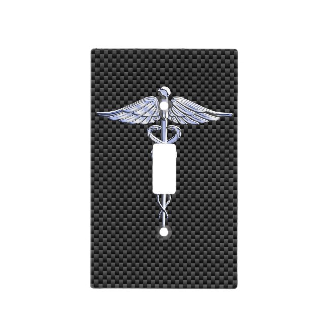 Chrome Caduceus Medical Symbol Black Carbon Fiber Light Switch Cover (Front)
