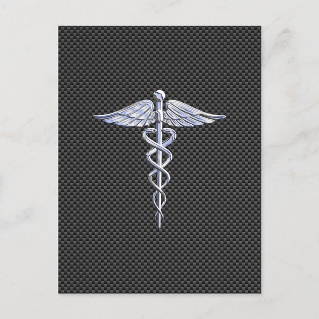 Chrome Caduceus Medical Symbol Black Carbon Fiber Postcard (Front)