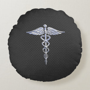 Chrome Caduceus Medical Symbol Black Carbon Fiber Round Pillow