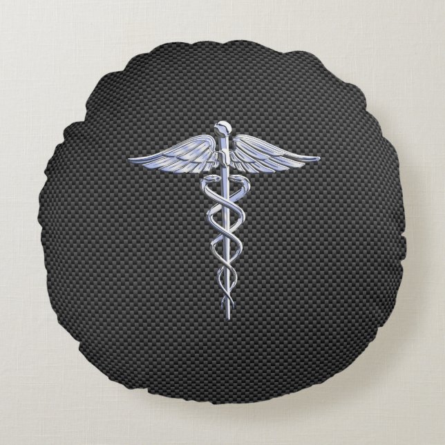 Chrome Caduceus Medical Symbol Black Carbon Fiber Round Pillow (Front)