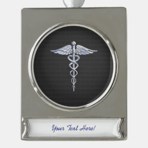 Chrome Caduceus Medical Symbol Black Carbon Fiber Silver Plated Banner Ornament