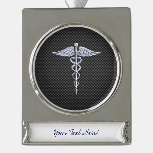 Chrome Caduceus Medical Symbol Black Carbon Fiber Silver Plated Banner Ornament