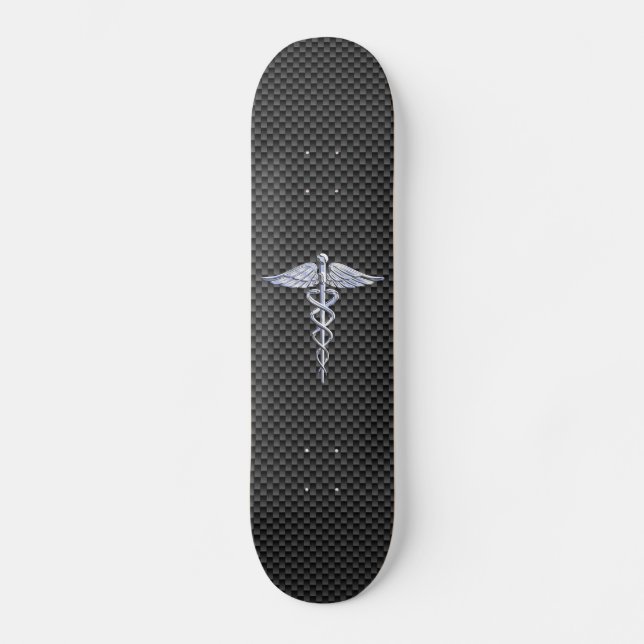 Chrome Caduceus Medical Symbol Black Carbon Fiber Skateboard Deck (Front)