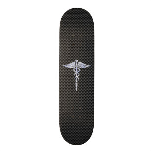 Chrome Caduceus Medical Symbol Black Carbon Fiber Skateboard Deck