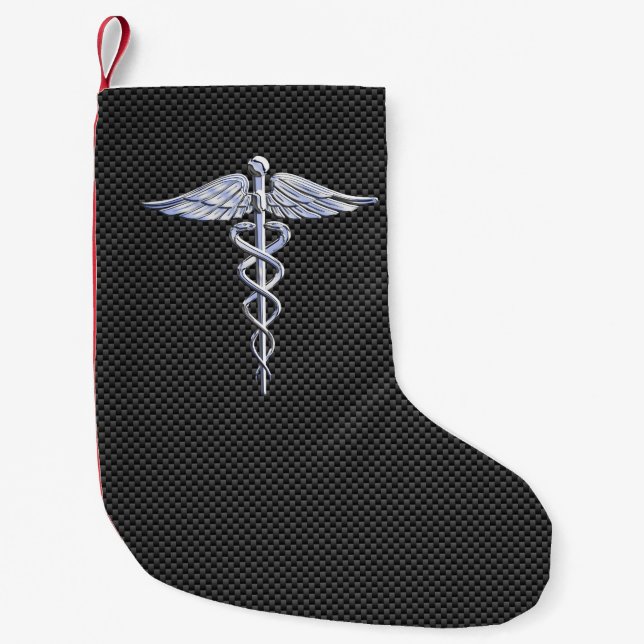 Chrome Caduceus Medical Symbol Black Carbon Fiber Small Christmas Stocking (Front)