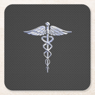 Chrome Caduceus Medical Symbol Black Carbon Fiber Square Paper Coaster