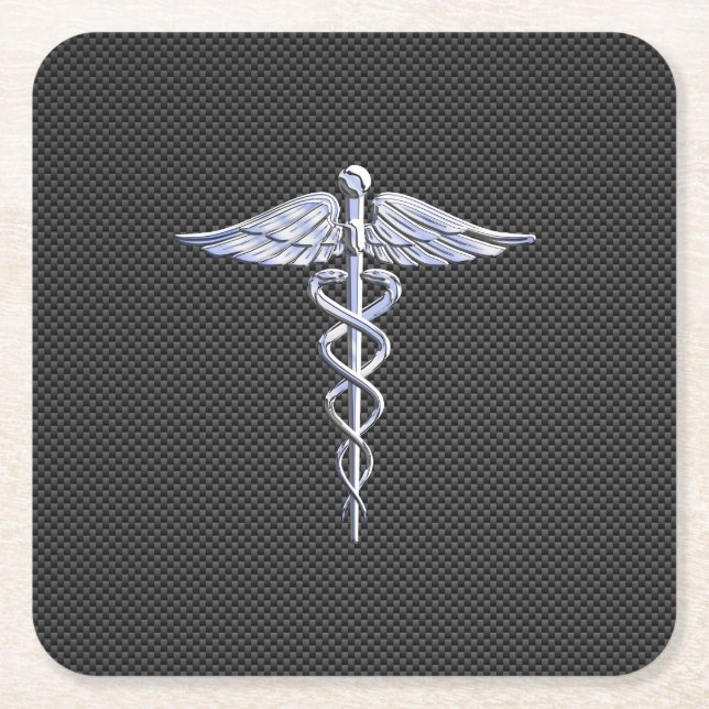Chrome Caduceus Medical Symbol Black Carbon Fiber Square Paper Coaster (Front)