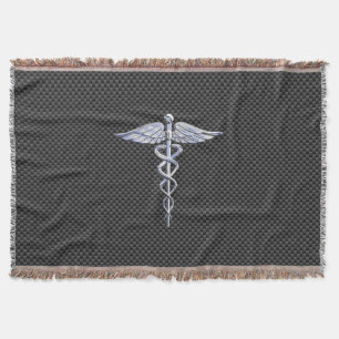 Chrome Caduceus Medical Symbol Black Carbon Fiber Throw Blanket