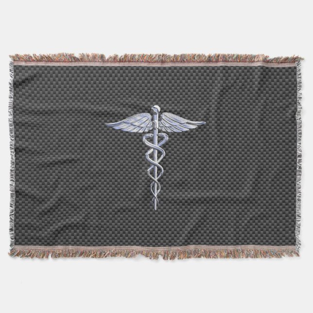Chrome Caduceus Medical Symbol Black Carbon Fiber Throw Blanket (Front)