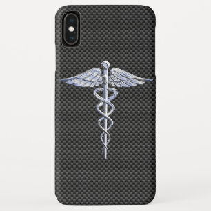 Chrome Caduceus Medical Symbol Carbon Fiber Decor iPhone XS Max Case