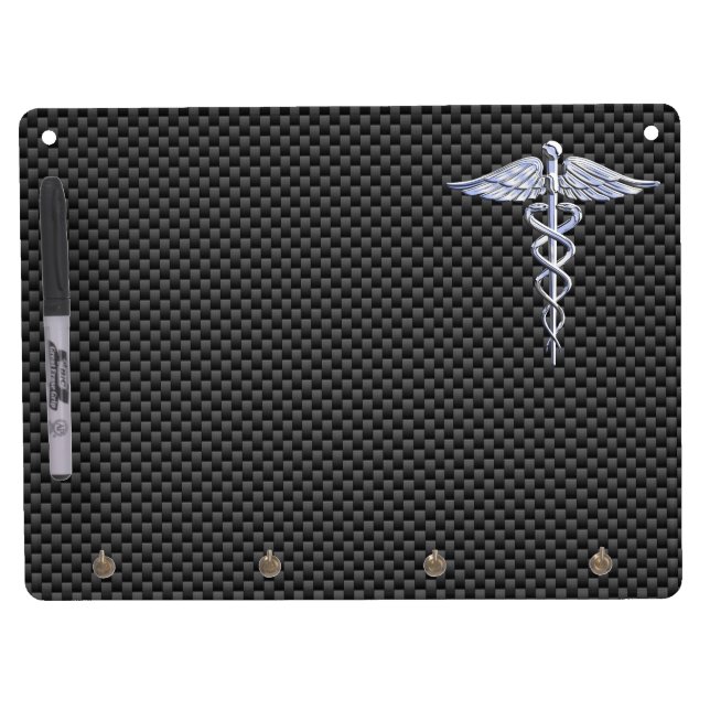 Chrome Caduceus Medical Symbol Carbon Fiber Decor Dry Erase Board With Keychain Holder (Front)