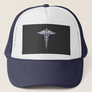 Chrome Caduceus Medical Symbol Carbon Fiber Decor Trucker Hat